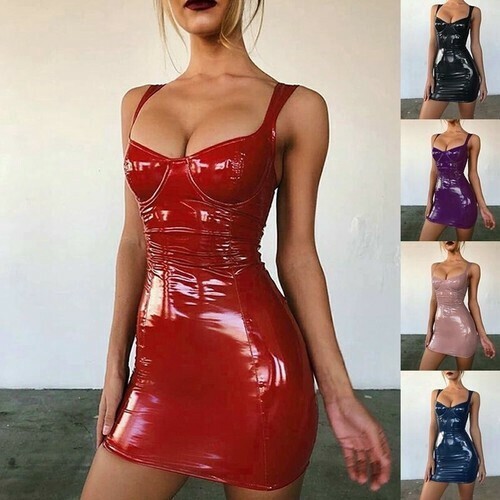 超sexy 光沢 柔らかいフェイクレザー美胸強調タイトワンピース BQ2466
