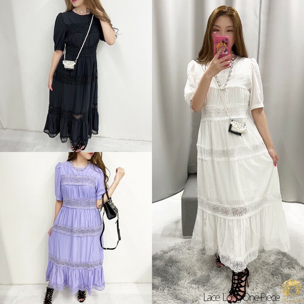 ロングワンピース ティアードワンピース レース フレア