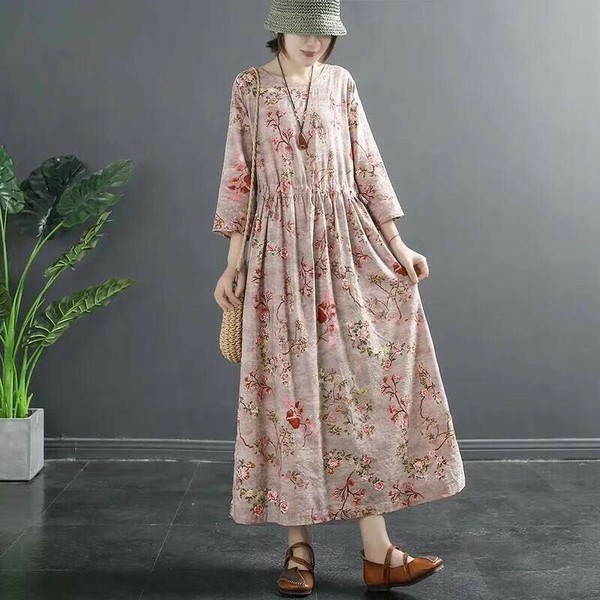 ワンピース 綿麻 花柄 ゆったり 快適 レディースファッション BJLYA1184