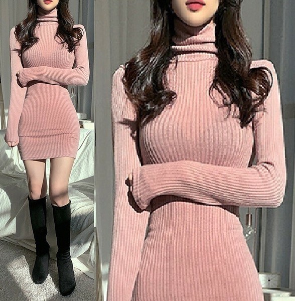 ワンピース ハイネック ニット セクシー タイト 長袖 無地 快適 美尻 レディース BYMA1742