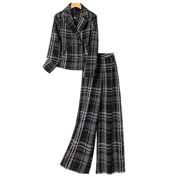 パンツスーツ 2点セット スーツ 長袖 ワイドパンツ チェック 秋冬 快適 レディースファッション YMA1821