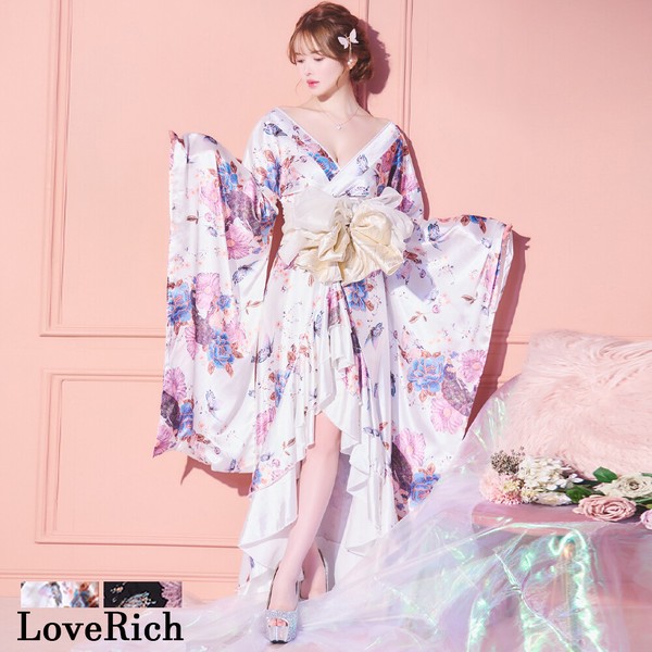 1283蝶々柄 フリル 花柄 ロング 豪華 帯 花魁 着物 ドレス コスプレ ハロウィン キャバドレス