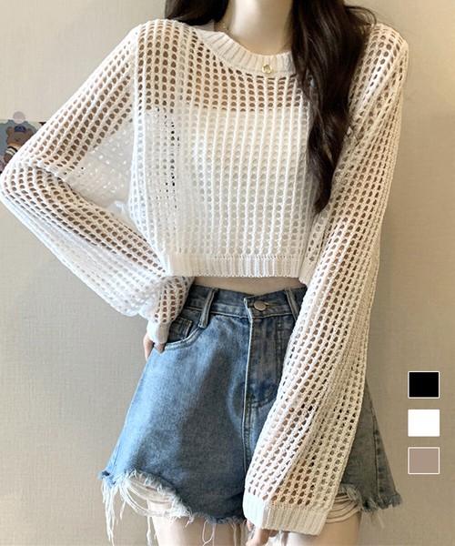 メッシュ編み サマーニット クルーネック