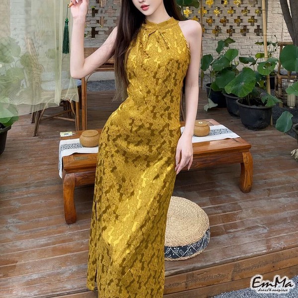 ノースリーブジャガードワンピース セクシー ゴールド 光沢 夏 フラワーモチーフ
