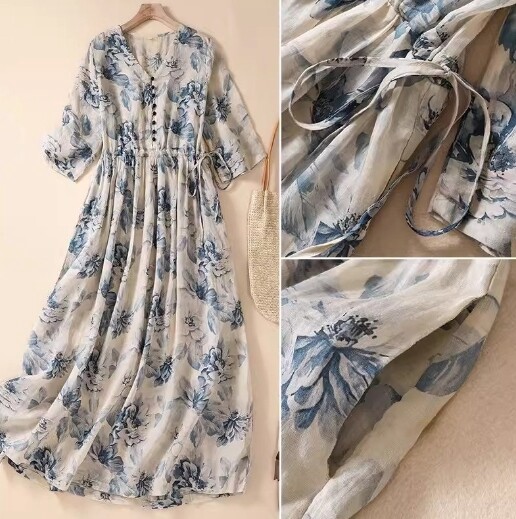 ワンピース 綿麻 半袖 花柄 快適 レディース ファッション BQQ254