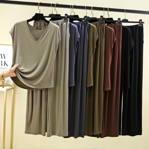 パンツスーツ Tシャツ 半袖 Vネック 薄手 無地 快適 レディース ファッション xq2406+2407tz