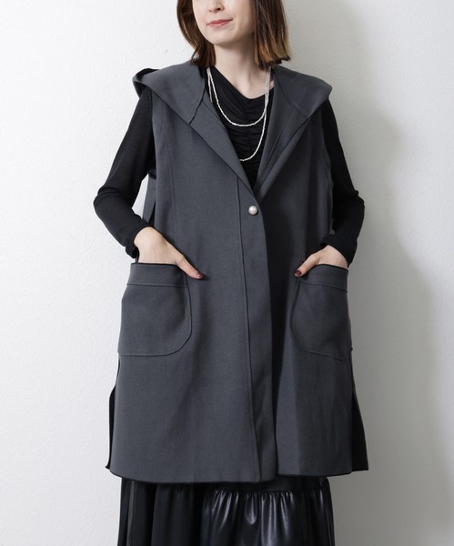 圧縮フード付きロングベスト（パールボタン）　2024AW　新作 2024人気　 Economico東京