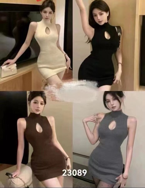 ヨークオープンハイネックセクシーリブニットミニOP