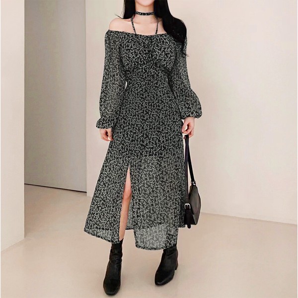 小花柄2WAYシフォンロングワンピース