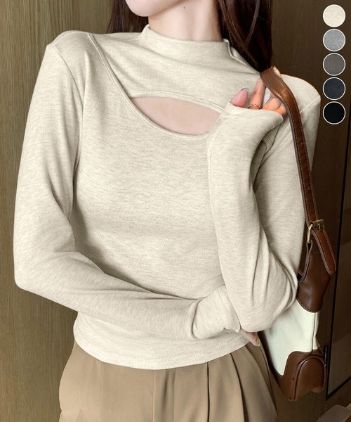 長袖Tシャツ 穴あき ハイネック 春秋冬