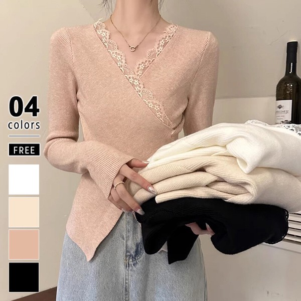 クロスニット レース カシュクールニット ニット リブニット レディース フロントクロス トップス 長袖