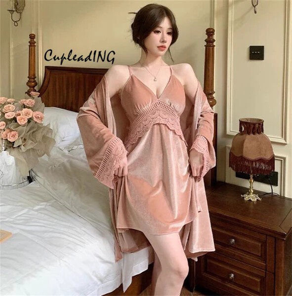 ≪予約商品≫INSスタイル パジャマ セクシー キャミワンピース ルームウェア 2点セット 擬似シルク