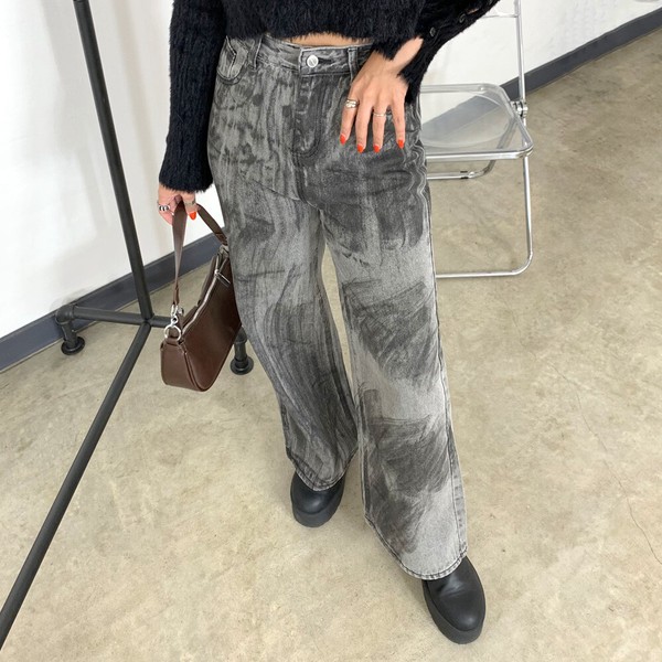 【2024新作】ムラプリントデニムストレートパンツ　ウォッシュ加工　デニムパンツ