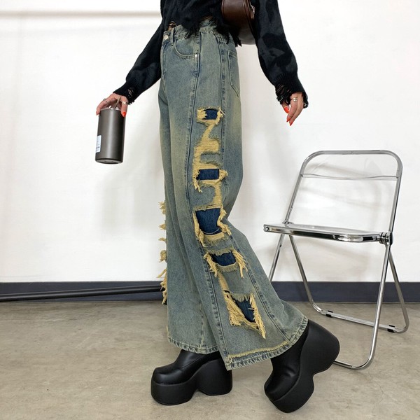 【2024新作】サイドダメージデニムストレートパンツ　ウォッシュ加工　ダメージパンツ　デニムパンツ