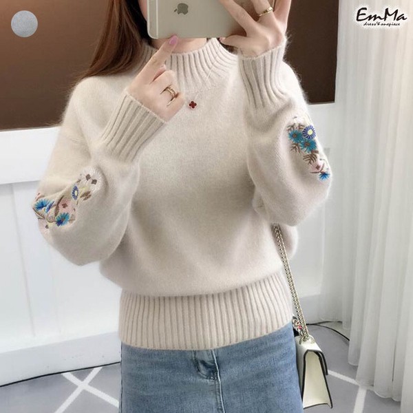 【現品】ハーフネック袖刺繍ニットプルオーバー セーター 花柄 カジュアル 秋 冬 【2024AW】 ZEH041