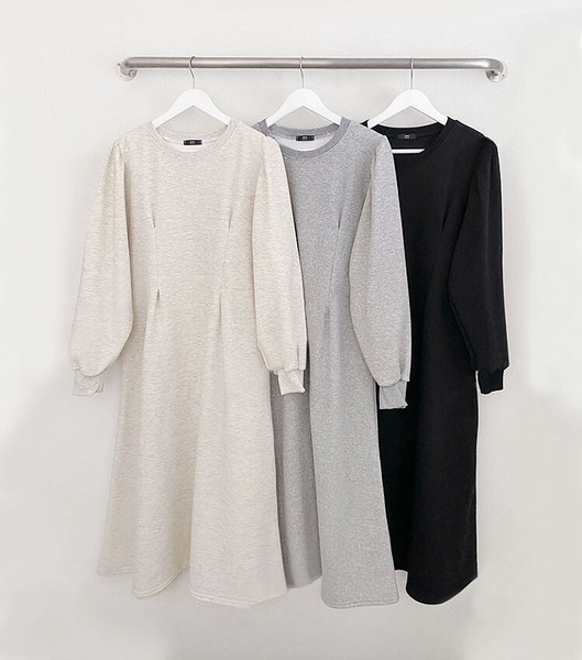 【ワンピース・ドレス】起毛　パフスリーブ　ピンタック　ロング丈　ワンピース　Puff-sleeve onepiece