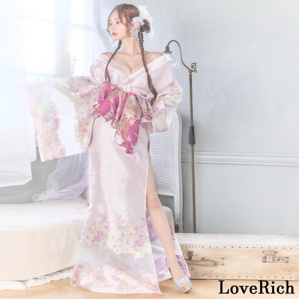 1351花柄 刺繍 スリット 透け ロング 花魁 着物 ドレス コスプレ イベント ハロウィン キャバドレス