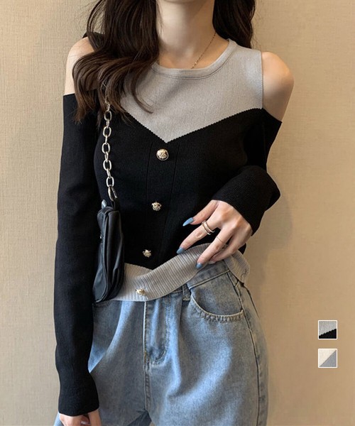 ニットトップス オフショルダーリブニット