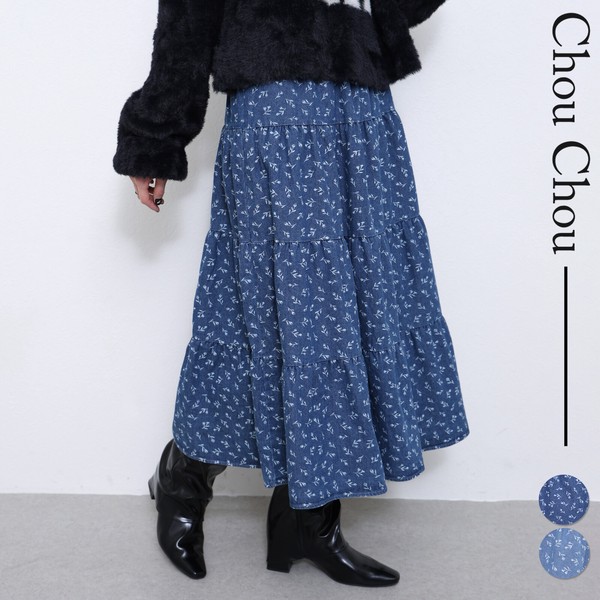 お花柄　デニムティアードスカート 大きいサイズ　人気 chouchou東京