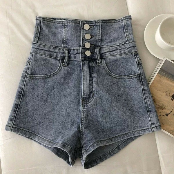バックレースアップ　ハイウエストデニムショートパンツ