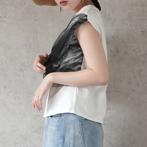【再入荷】チュールリボンドッキングTシャツ トップス 半袖 2025春夏新作【】