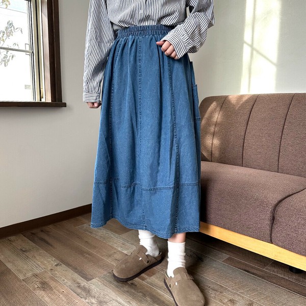 【2025新作】2WAYデニムバルーンスカート　前後　ゆったり　ミモレ丈　ハーフ丈　切替　春夏