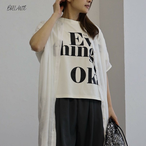 【2025新作】 　とろみ滑らか素材ショート丈英字プリントTシャツ　　BRILLANTE大阪