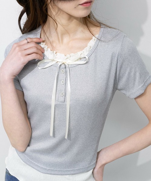 【2025年新作】フェイクレイヤード リボン ヘンリーネック 半袖Tシャツ