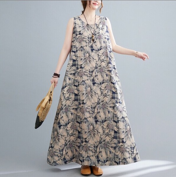 ワンピース ノースリーブ ラウンドネック 夏 花柄 ゆったり コットンリネン 快適 B057