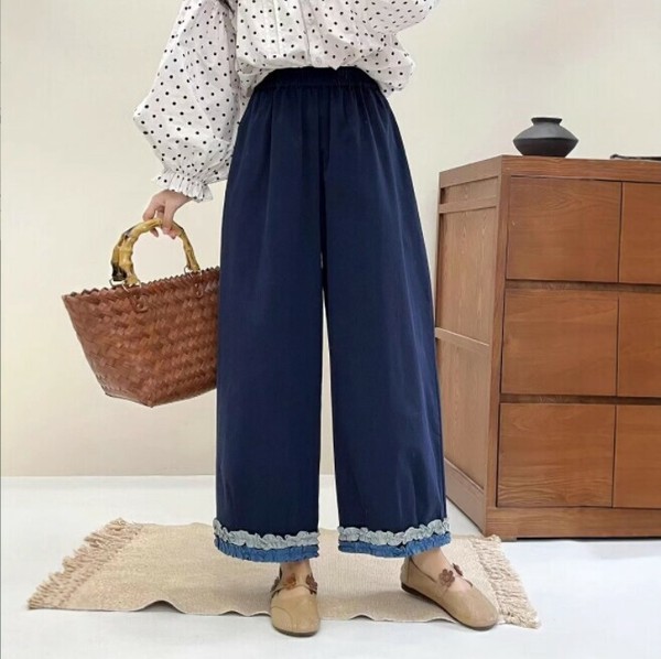 ワイドパンツ 九分丈 春 無地 ゆったり 快適 レディース ファッション 53869