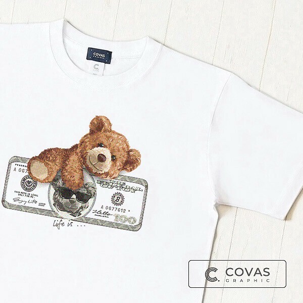 ユニセックス・プリントTシャツ　"ベアーマネー"　ホワイト　半袖 Tシャツ