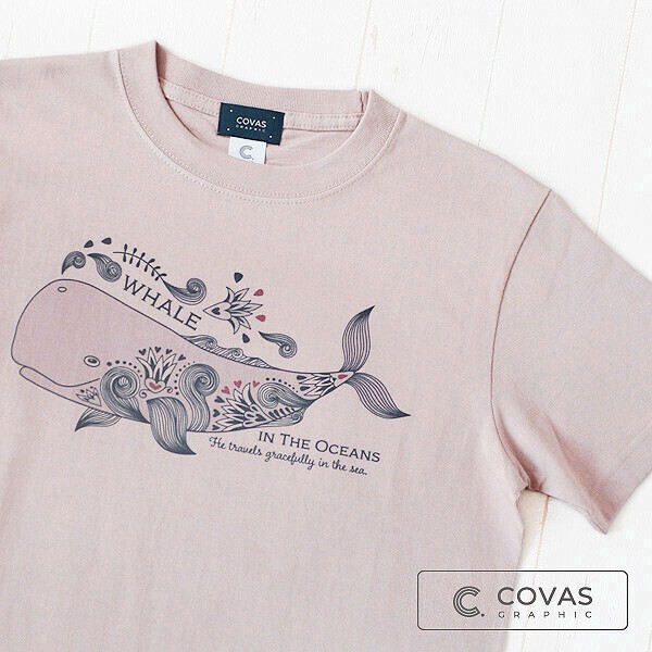 ユニセックス・プリントTシャツ　"オーシャンホエール"　スモーキーピンク　半袖 Tシャツ