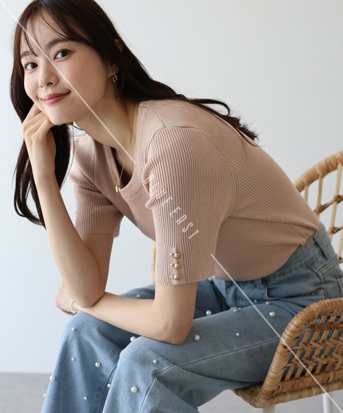 再入荷【ハートボタン半袖リブニット】トップス　サマーニット