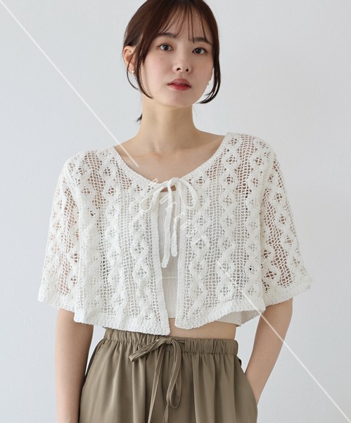 再入荷【クロシェレースリボン半袖カーディガン】コットン　トップス