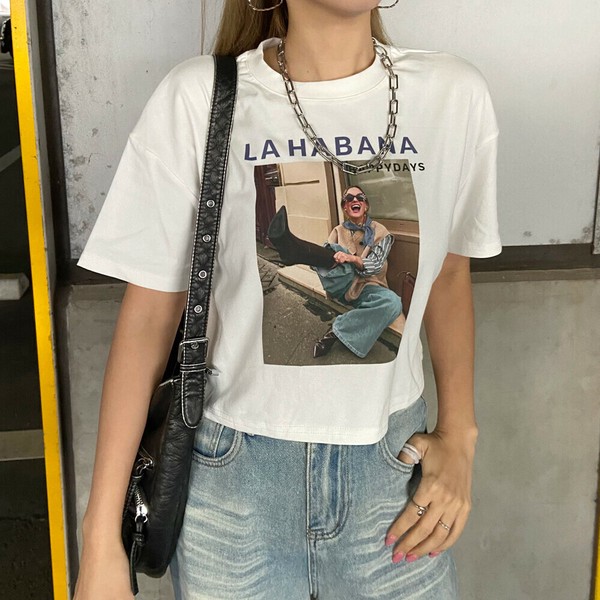 【2025新作】転写ゆるTシャツ　半袖　カラープリント　クロップド　夏服　春服