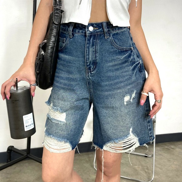 【2025新作】デニムダメージハーフパンツ　デニムハーフパンツ　ダメージ加工　ウォッシュド