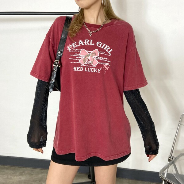【2025新作】リボンロゴアンサンブルビッグTシャツ　ラメシアー　メタルリボン　春服　夏服