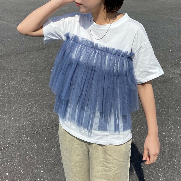 【2025新作】チュール切替Tシャツ 半袖　シアー　プルオーバー　トップス　レイヤード風