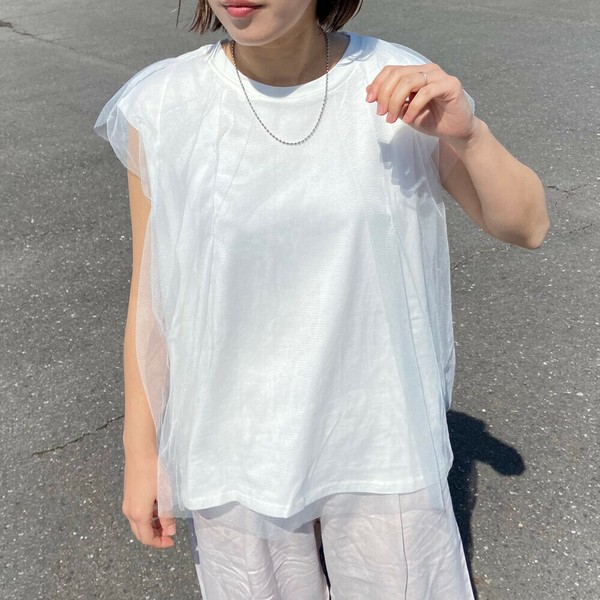 【2025新作】チュールノースリーブプルオーバー　シアー　無地　トップス　Tシャツ　春夏