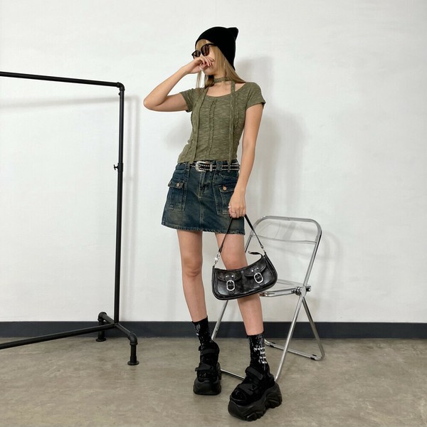 【2025新作】ミックスニットソーチョーカー付き　切替　アウトシーム　変形ヘム　ストレッチ　夏服