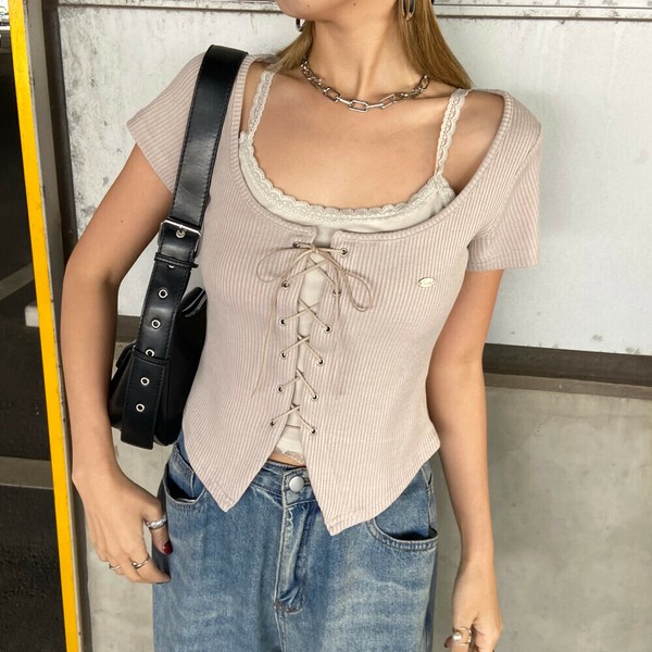 【2025新作】レースタンクアンサンブル風トップス　レイヤード風　レースアップ　スピンドル　夏服