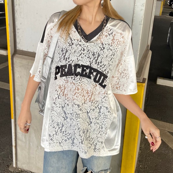 【2025新作】レースロゴビッグトップス　異素材　ナンバリングゲームシャツ　レーストップス　春　夏服