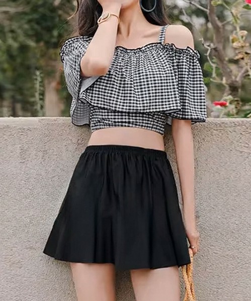 EW フリル チェック セパレート オフショル スカート 水着