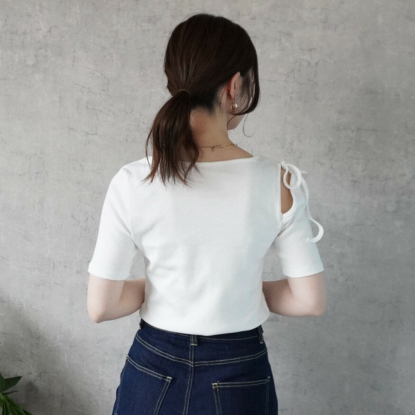 綿フライス肩スリットリボン半袖Tシャツ カットソー トップス 半袖 2025夏新作【】