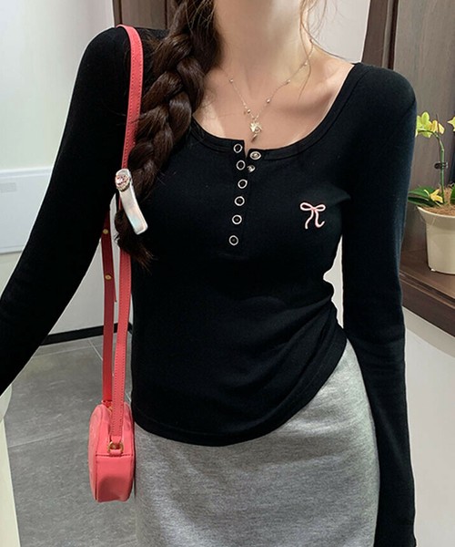 トップス《リボン刺繍ヘンリーネックロングTシャツ 全6色》
