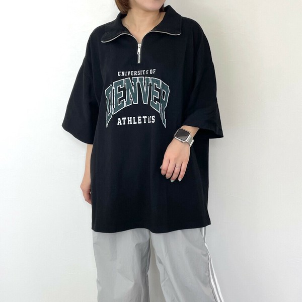【2025新作】襟付きロゴBIGTシャツ　プルオーバー　ハーフジップ　半袖　カレッジ　チュニック