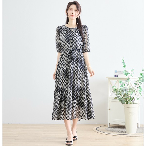【2025新作】【M?L】ニュアンスチェック柄シフォンティアードワンピース(N82-296)5号店FM5