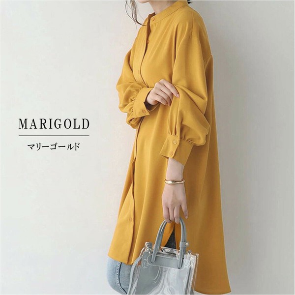 チュニック シャツ ロング ゆったり M/L バンドカラー 速乾 長袖 前後差裾 サイドスリットトップス/全6色