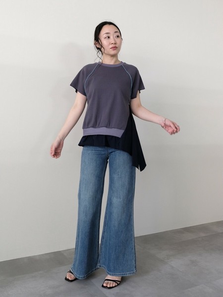 ワッフル配色アシンメトリ?ヘムトップス