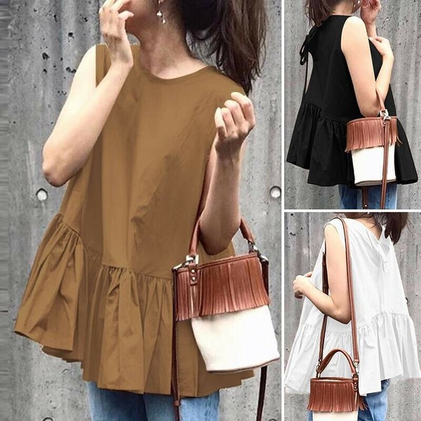 ノースリーブ ブラウス M/L 裾フリル 春 夏 フリル ペプラム インナー トップス/全2色